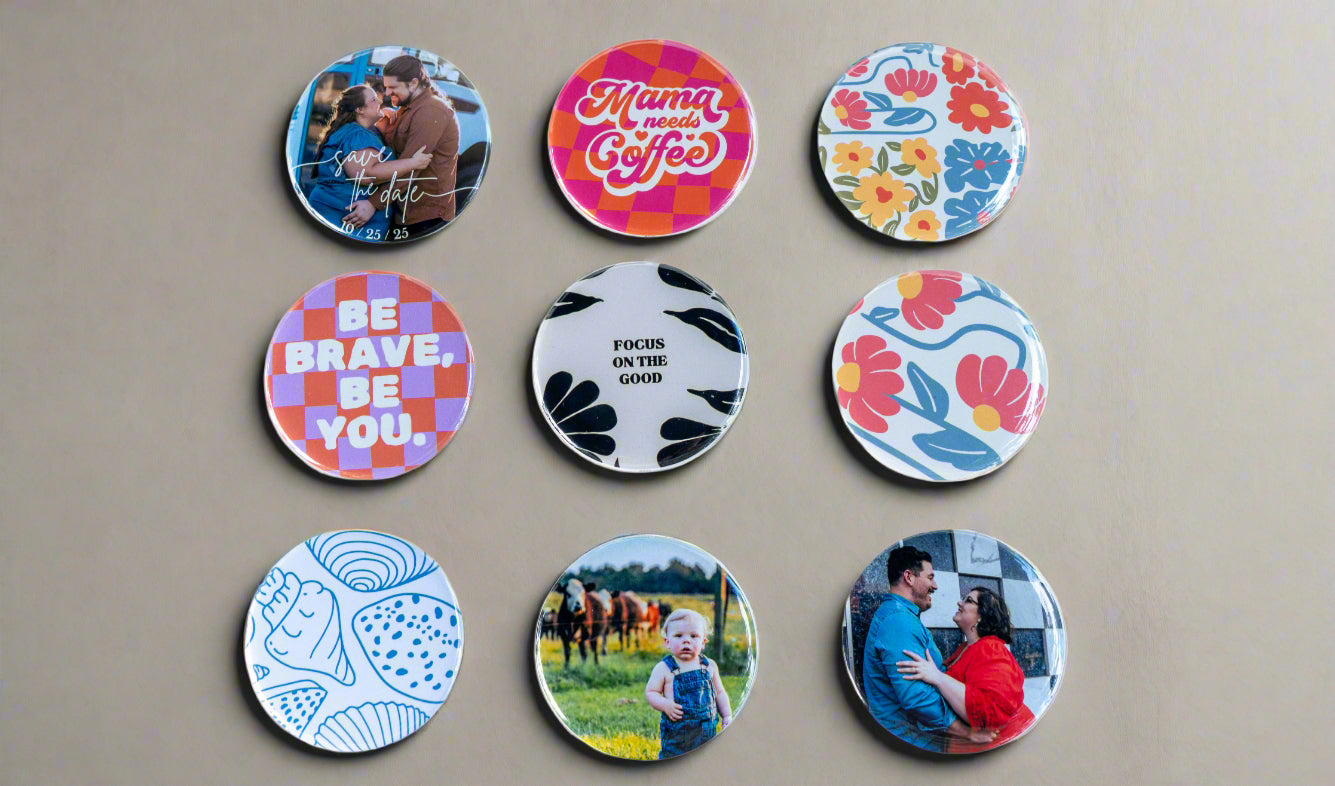 Set of colorful, custom photo magnets with various designs.